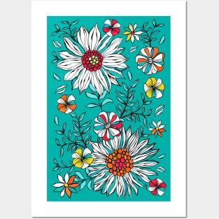 White Teal Yellow Orange Red Daisy Flowers Posters and Art